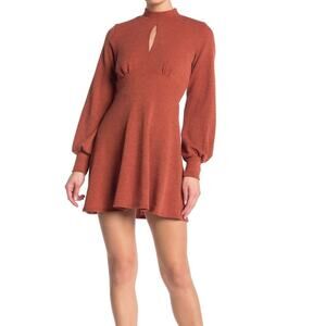 KENEDIK Ribbed Knit Balloon Sleeve Keyhole Sweater Dress Rust L